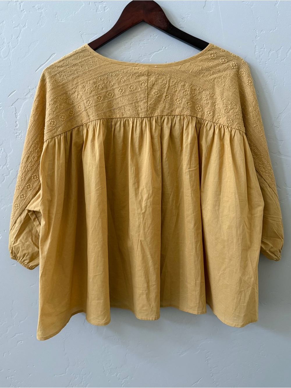 Bohme Womens Mustard Embroidered Peasant Top Size L Cotton Babydoll Boho NWT - Picture 3 of 9
